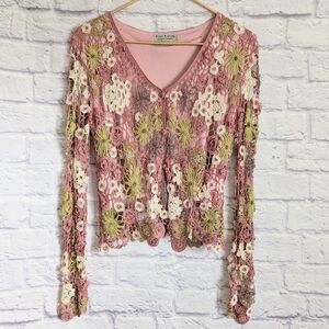 Vintage Claire Kennedy Hand Knitted Beaded Cardigan Sweater 2 Pink Floral 90s